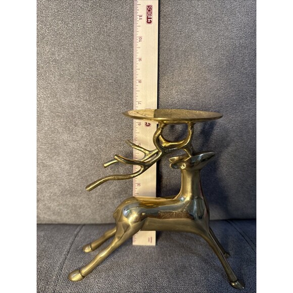 Vintage Brass Reindeer Buck Pillar Heavy Candle Holder - Picture 8 of 14